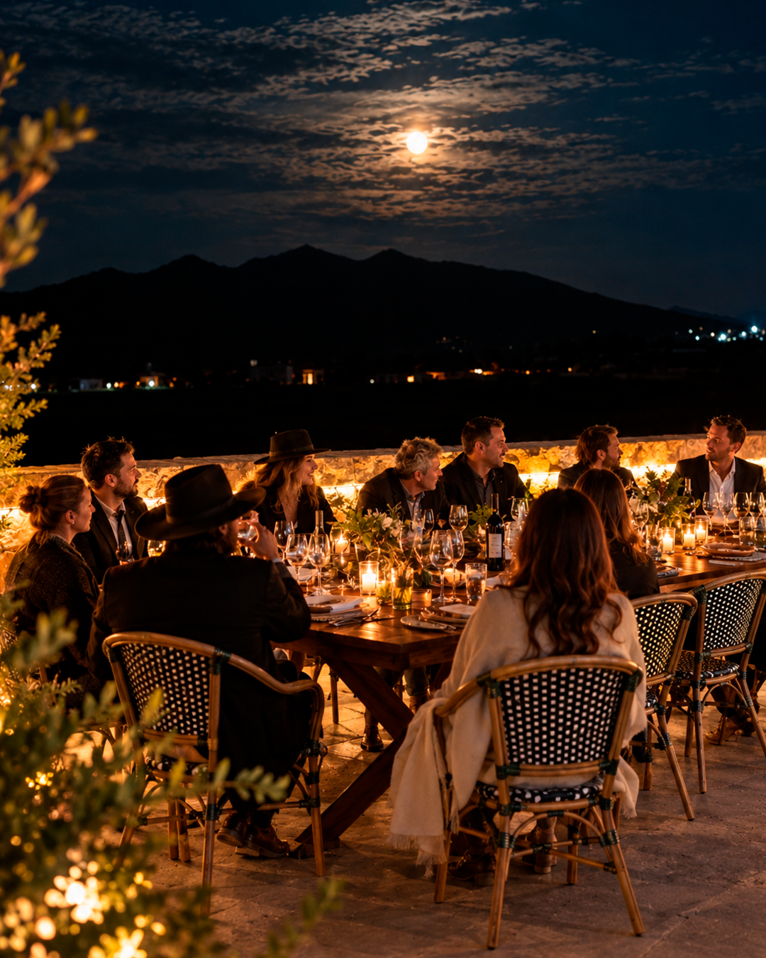 Cena bajo la luna entre montañas